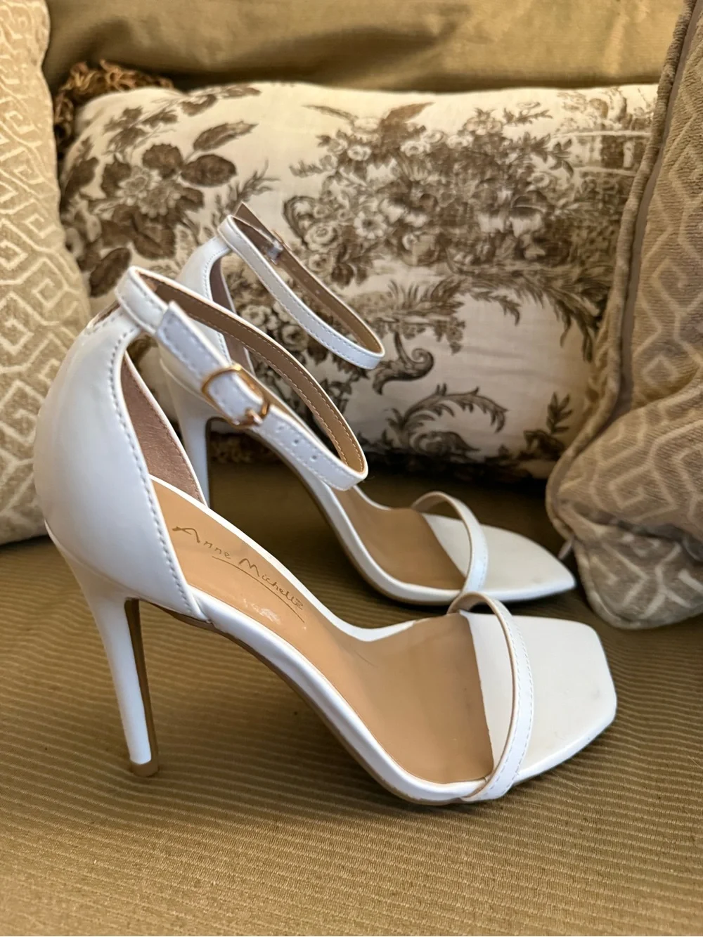 Anne Michelle White Ankle-Strap Stiletto Heels